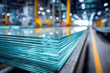 Stacked sheets of transparent material on a production line within a vast industrial complex