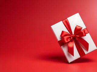 Beautifully wrapped gift box with red ribbon on red background for special occasions