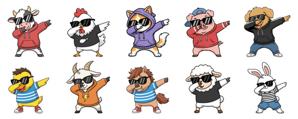 Cute farm animal cartoons (cow, pig, chicken, sheep, goat, horse, duck, dog, cat, and rabbit) dabbing while wearing sunglasses.