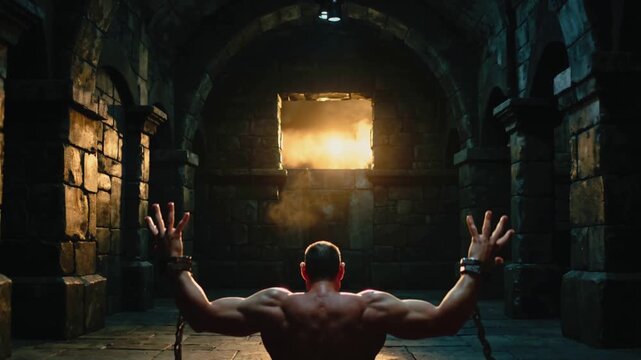Prisoner breaking heavy iron chains with physical strength in dungeon. Close-up shot of hands snapping metal links with sparks.