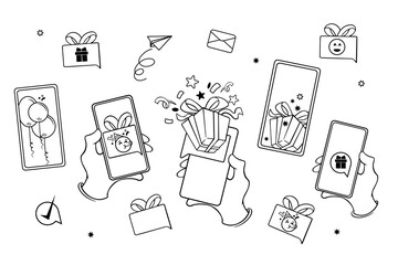 Birthday invitation line icons set for social media and messaging.Minimal hand drawn line illustrations of birthday invitations, gifts, balloons and greeting messages displayed on smartphone screens. 