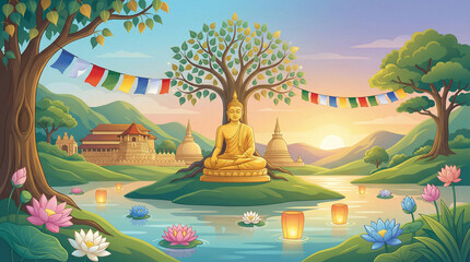 Serene Golden Buddha Meditation Illustration with Sri Lankan Temple, Lotus Flowers, Bodhi Tree and Sunrise Light, Colorful Buddhist Culture Vector Art Wide 16:9 Background for Spiritual Design