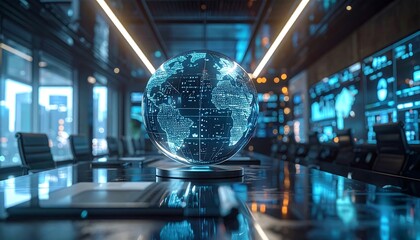 A modern conference room features a glowing globe floating above a table, surrounded by large monitors displaying data