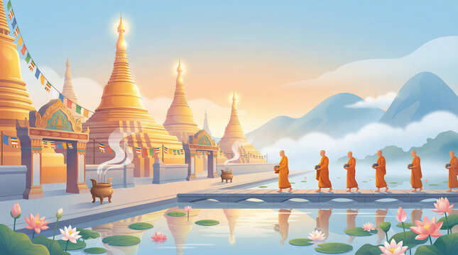 Colorful Buddhist Temple at Sunrise Illustration with Golden Stupa, Monks Walking Peacefully, Lotus Pond, Sacred Flags and Soft Morning Light, Spiritual Sri Lankan Culture Wide Background 16:9
