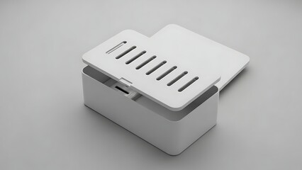 A white rectangular object with slanted vents on top sits on a gray surface in a neutral environment with technology and industry elements.