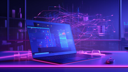 Futuristic laptop with glowing digital interface and data visualization
