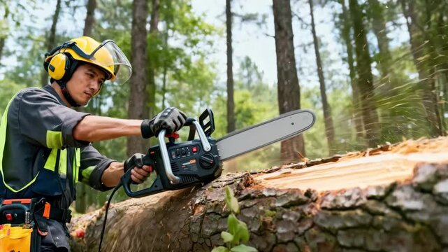 Operator adjusting the settings on a cordless chainsaw before starting precise treecutting work in a forestry area.
