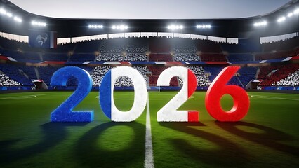Large digital numbers 2026 displayed on football stadium field