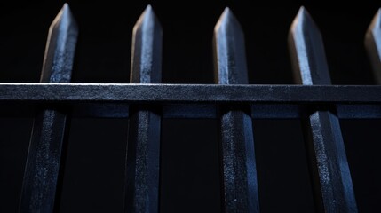 Close up of a dark metal fence with sharp pointed spikes providing security and a protective barrier against a black background