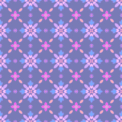 Ornate Seamless Lilac Floral Pattern: Symmetrical Pink and Blue Blossom Motifs on Elegant Purple Damask Background for Luxury Textile, Wallpaper, and Bedding Decor.