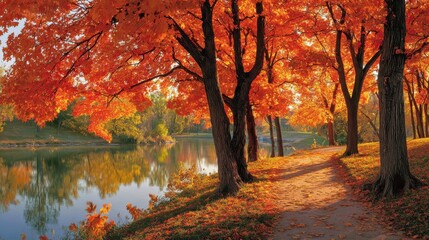 Autumn Forest Pathway Along Serene Lake With Vibrant Orange Trees And Reflections