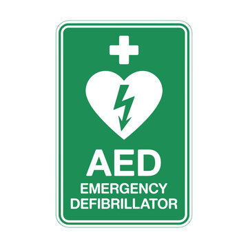 aed emergency defibrillator sign with green background
