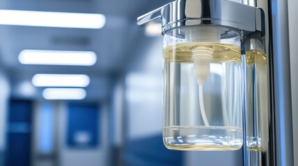 Close up of a transparent hand sanitizer dispenser with a metal pump mechanism filled with clear liquid against a blurred blue background