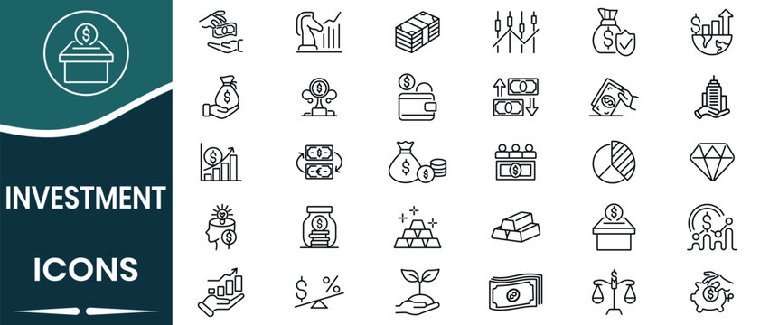 Investment icon vector set. Business financial investment liner icon vector set. Icon for investor, asset, profit, portfolio, fund, dividend, currency,  piggy bank, and more. Vector illustration.
