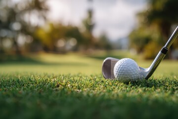Golf ball and club on lush green golf course during daytime play