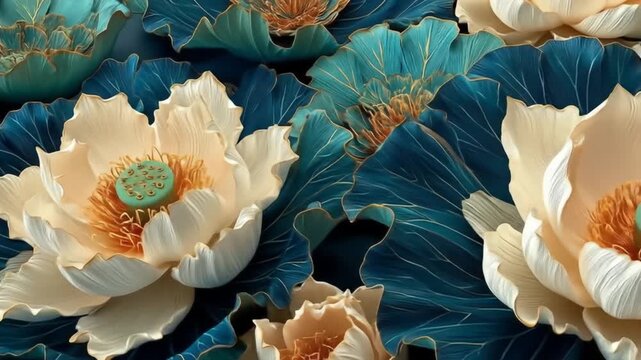 Close up of elegant lotus flowers with vibrant teal and beige tones
