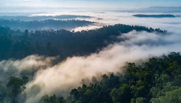 Aerial View of Misty Forest Landscape at Dawn