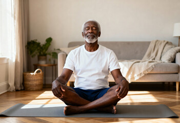 Fototapeta premium Senior African American man meditating at home in a yoga pose. Older person practicing mindfulness for wellness and stress relief in his living room. Active retirement and healthy lifestyle concept