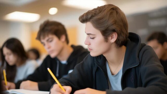 A hybrid classroom where students write in notebooks while an interactive smartboard streams a remote guest lecturer live from another country &mdash; global education access, smart learning spaces, and