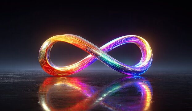 A vibrant infinity symbol glows with a rainbow spectrum, set against a dark, reflective surface