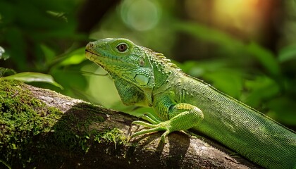 Obraz premium Vivid Green Lizard In A Forest Setting Basking In Sunlight