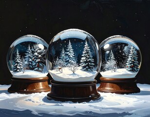Three Snow Globes with Winter Forest Scenes on Snowy Surface.