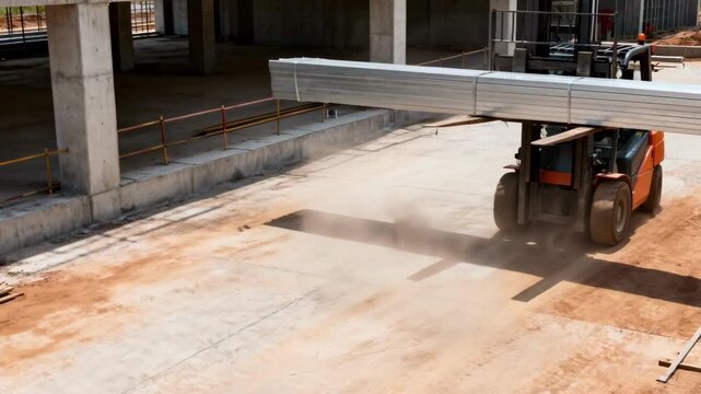 Medium shot of industrial telehandler lifting heavy metal beams on construction site showcasing robust design and rental cost efficiency for material handling