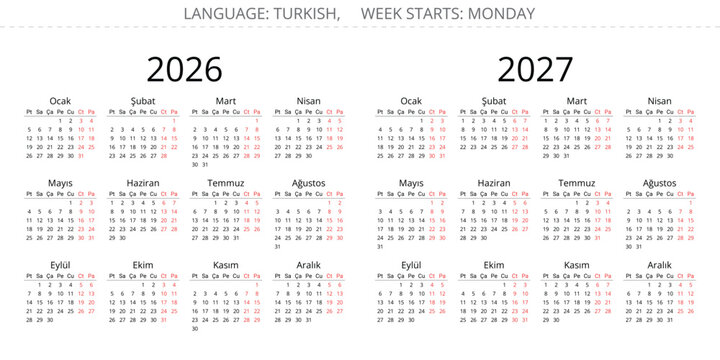 2026 and 2027 year turkish simple calendars. Vector illustration Turkey - turk takvimi