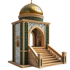 3 D wooden model of an Islamic prayer booth with gold dome and stairs on white background isolated on a transparent background