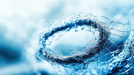 Close up of a delicate intricate woven metal thread texture forming a circular lace pattern with soft blue lighting