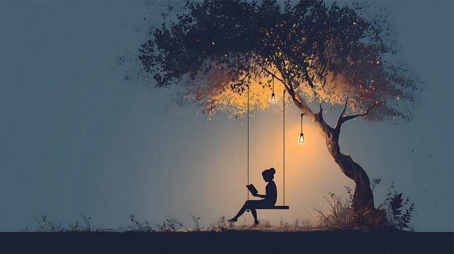 Silhouette of a person on a swing reading under a glowing tree at dusk