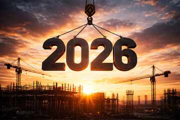 2026 construction and development concept with large metal numbers lifted by crane at dramatic sunset site