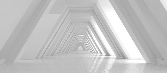 Obraz premium A long, bright, and futuristic hallway with a symmetrical, geometric design and a glossy floor