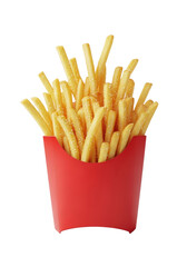 Golden-brown crispy french fries with salt crystals overflowing from a red fast-food container against a transparent background with copy space, concept for food advertising