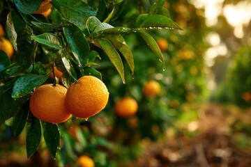 Ripe oranges on a sunlit branch in an orange orchard