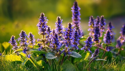 Obraz premium closeup of purple flowers of ajuga reptans in may