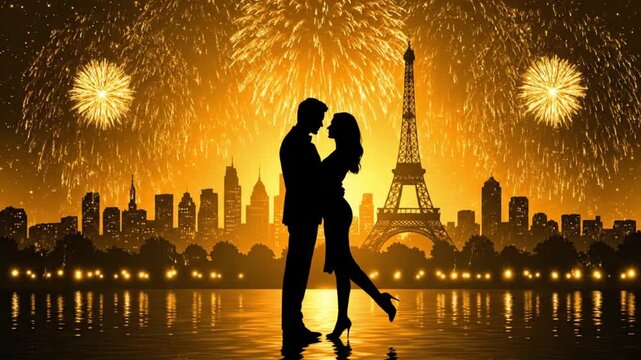 Romantic silhouette of a couple embracing under a magnificent golden fireworks display above the iconic Eiffel Tower and Paris skyline at night