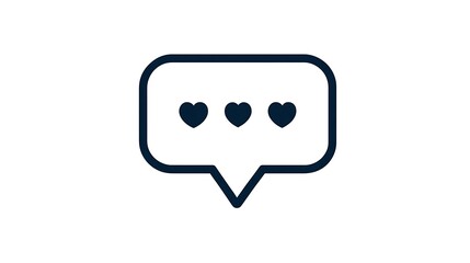 Simple dark blue icon featuring speech bubble containing three hearts, set against a white background