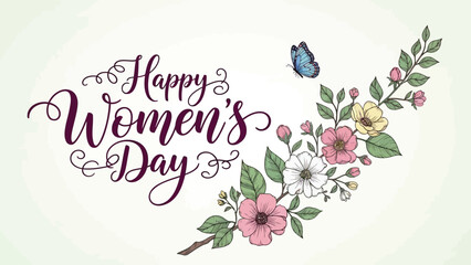 Happy women's day floral illustration with butterfly and elegant script on soft background
