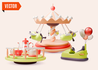 Fototapeta na wymiar 3d Amusement Park Carousel with Airplanes, Tea Cup Spin and Electric Bumper Car Concept Background Cartoon Design Style. Vector illustration