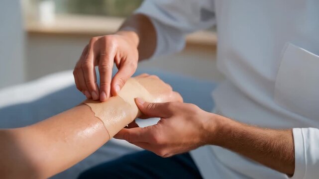 A wound-care specialist placing a hydrogel dressing on a patient&rsquo;s arm, highlighting moisture-balanced healing and modern medical treatment techniques. cinematic color correction, natural uneven