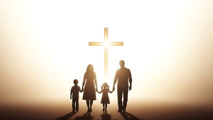 Silhouette of a family walking towards a cross with a bright background easter day