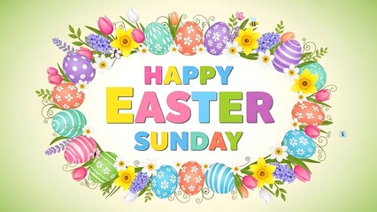 Colorful easter wreath with happy easter sunday text on green background easter day