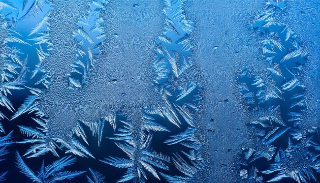 abstract frozen ice texture with frost crystals and condensation droplets on blue glass surface - Powered by Adobe