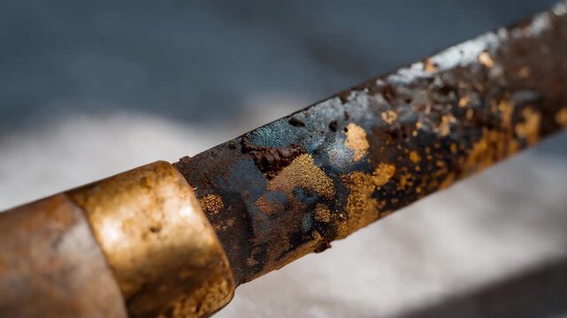 Close-up of scratched metal tool handle with patina and grime, symbolizing manual labor, craftsmanship, and repeated use. cinematic color correction, natural uneven lighting yet gentle backlight,