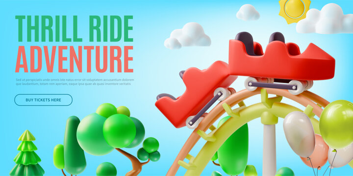 3d Thrill Ride Adventure Amusement Park Concept Ads Banner Poster Card Cartoon Design Style. Vector illustration