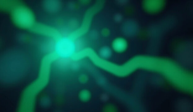 Abstract green glowing digital network background with blurred bokeh lights and neural connection paths. - Powered by Adobe