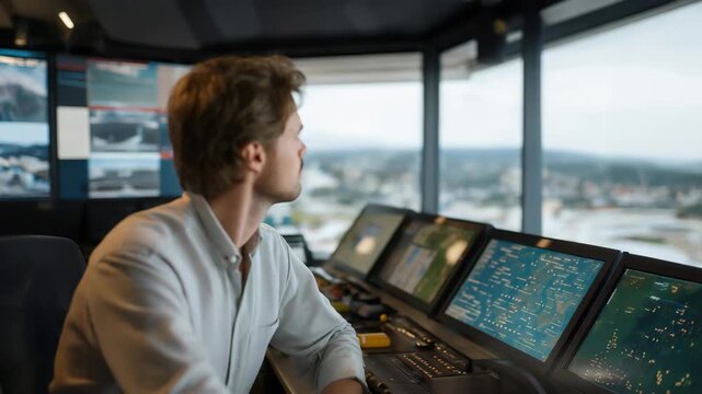 Air traffic controller monitoring multiple aircraft on a large radar screen inside a control tower, illustrating aviation safety, precision, and real-time decision making. cinematic color