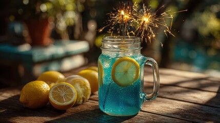 Vibrant Blue Lemonade in Mason Jar with Sparkler and Lemons on Wooden Table