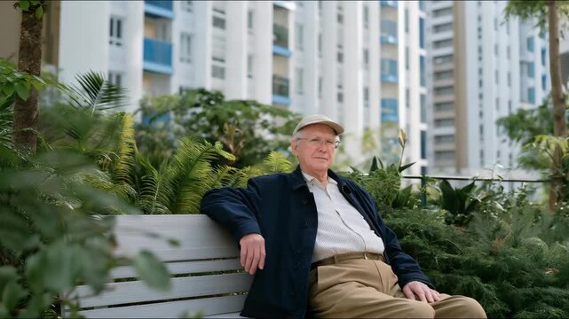 An elderly resident resting on a bench in a well-planned park built on reclaimed land, highlighting inclusive land use and age-friendly urban design. cinematic color correction, natural uneven
